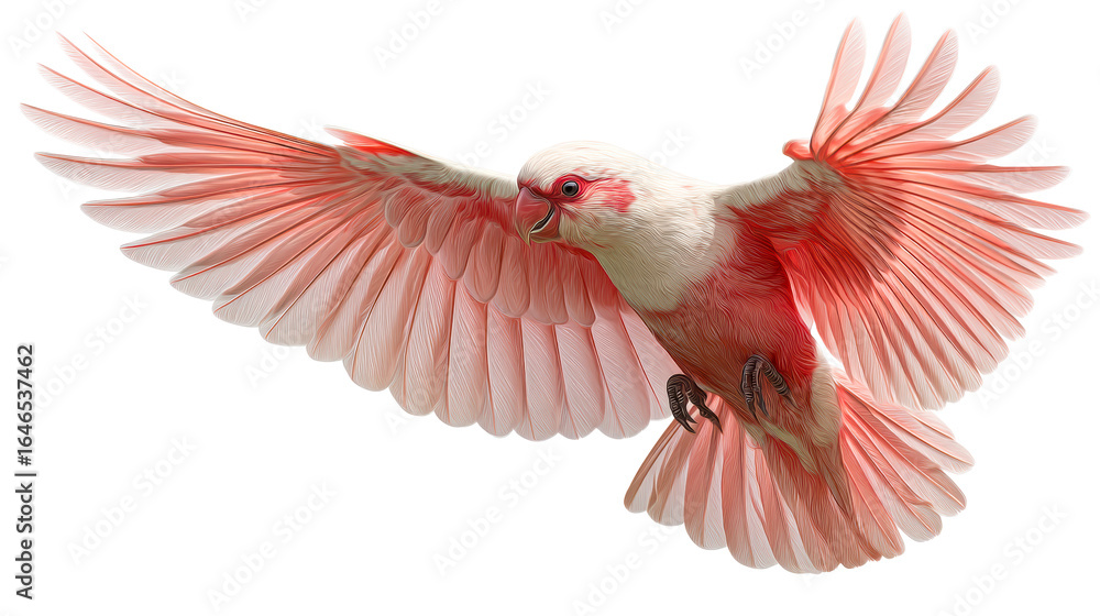 Fototapeta premium Salmon Pink Cockatoo Bird Flying With Wings Spread Wide, cut out transparent