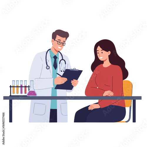 Flat 2D vector illustration of a doctor and patient reviewing lab results at a desk with test tubes. White background depicts medical consultation and diagnosis.