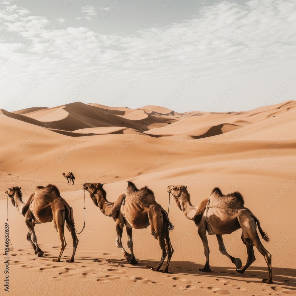 Fototapeta premium During a vacation in the desert, camels wander on the sand, and animals dance with nature