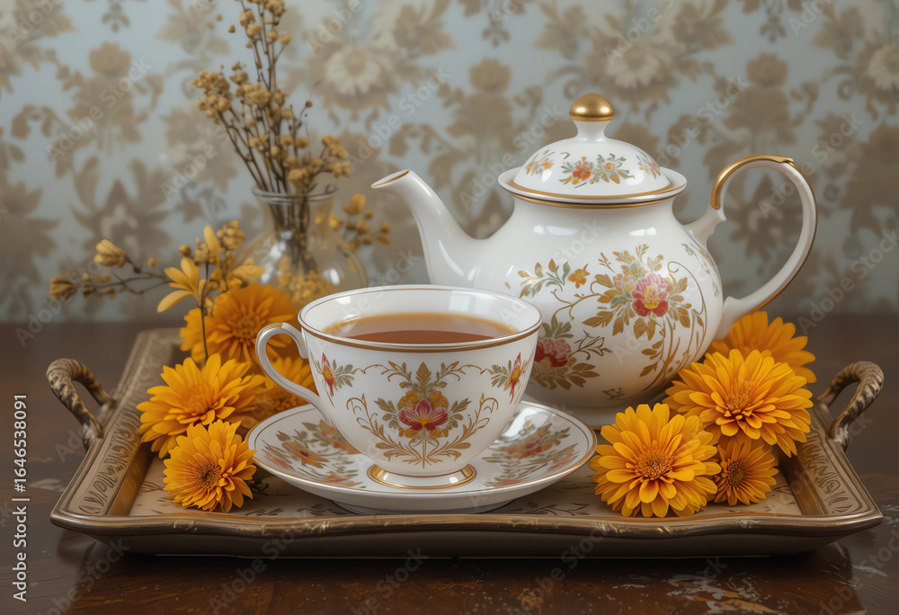 Fototapeta premium Teapot and cup on tray with marigold flowers