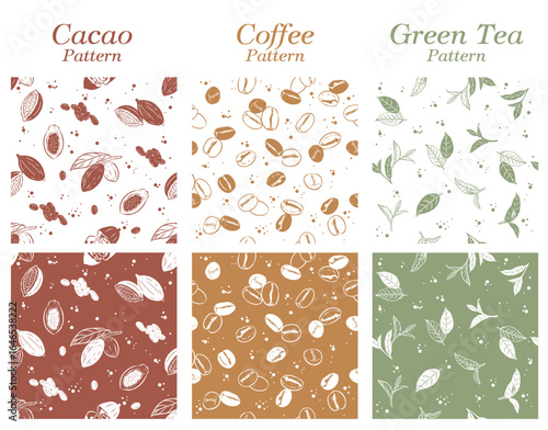 Seamless pattern 6 style of leaf tea hand, coffee seed, cacao. The EPS file is vector and can be edited shape and color.