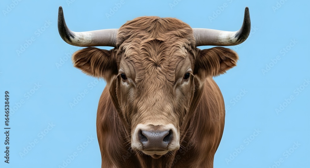 Naklejka premium A close-up portrait of a powerful bull, facing the viewer directly, showcasing its horns.