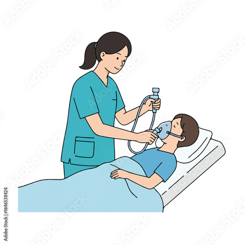 A professional nurse administers nebulizer treatment to a patient using a medical device in a flat 2D vector style, set against a clean white background.