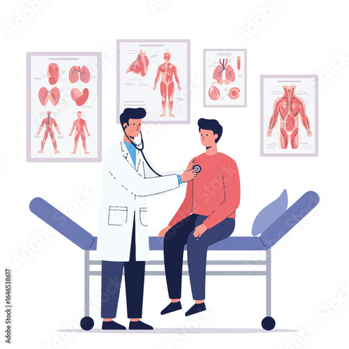 A flat 2D vector shows a doctor in a white coat checking a patient's heartbeat with stethoscope, with the patient on a bed and posters.