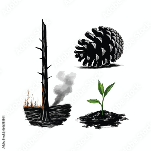 Illustration depicting a burnt tree with smoke, a pinecone, and a seedling growing in soil, representing destruction and renewal.