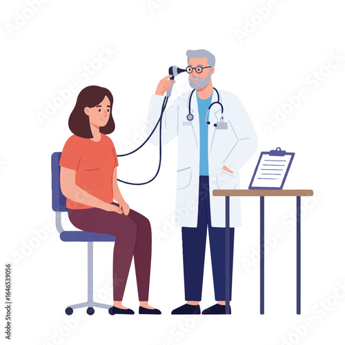 Flat 2D vector of a doctor using an otoscope to check a patient's ear in a clinic, with patient seated and a clipboard on a table nearby, on a white background.