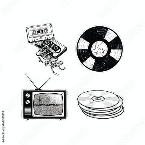 Vintage media devices, including a cassette tape, record, television, and CDs, depicted in a graphic design style.