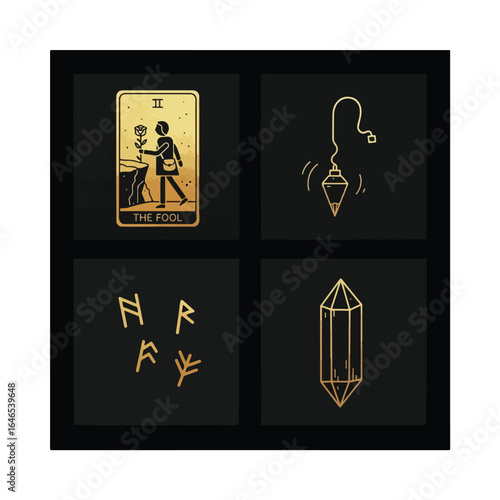 Tarot card, pendulum, crystals, and runes on a black background.