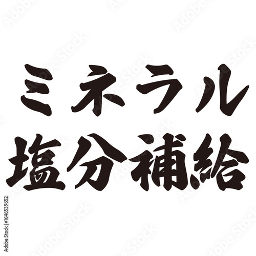 手描きの水彩、筆文字のミネラル塩分補給という文字のイラスト素材。横書き