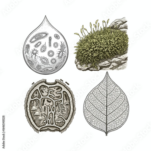 Four detailed scientific illustrations depicting a water droplet with microbes, a plant growing on rocks, a cross-section of a seed, and a leaf skeleton.