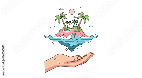 Tropical island held in hand illustration, minimalist floating scene, ocean water, summer vibes, flat design 