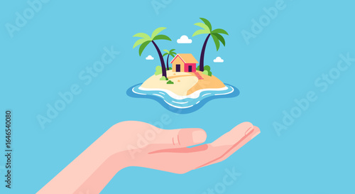 Tropical island held in hand illustration: vacation paradise concept on blue background