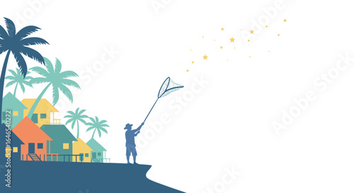 Silhouette of a Man Catching Something with a Net Near Colorful Tropical Houses