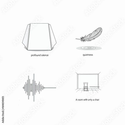 Four illustrations depicting abstract concepts: profound silence, quietness, sound wave, and a room with a single chair.
