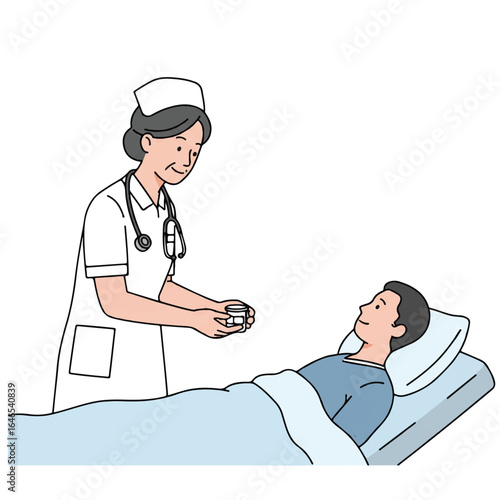 A compassionate nurse is gently handing a small pill cup with medication to a patient resting comfortably in a hospital bed, depicted in a clean 2D vector illustration on a white background.