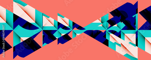 Abstract geometric pattern. Shapes overlap, creating dynamic visual effect. Coral background complements blue, teal hues.