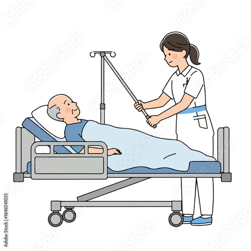 A flat 2D vector illustration depicts a caring nurse carefully adjusting the height of a hospital bed while a patient comfortably rests, set against a clean white background.