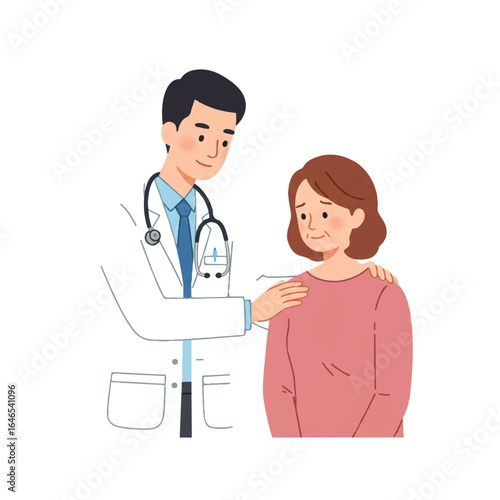 A compassionate doctor comforts a patient with a hand on their shoulder in a flat 2D vector, symbolizing empathy and care in a medical healthcare setting on white background.