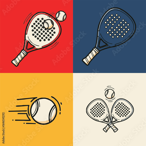 A set of four colorful, hand-drawn illustrations depicting padel sport equipment like rackets and a ball in action.