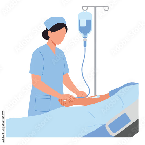 A flat 2D vector illustration shows a nurse administering an intravenous (IV) drip into a patient's arm, with an IV stand nearby on a white background.