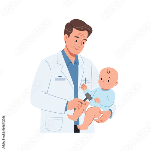 Flat 2D vector illustration depicting a pediatrician performing a reflex check on a baby with a small hammer against a clean white background, symbolizing pediatric care and health.