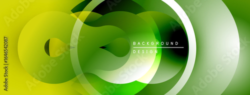 Abstract green background. Overlapping circles, lines create dynamic visual effect. Modern design elements present smooth gradients.
