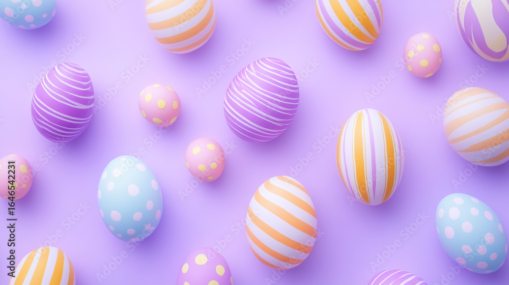Pastel Easter eggs on purple background striped polka dot design spring holiday Pastel Easter eggs on purple background striped polka dot design spring holiday