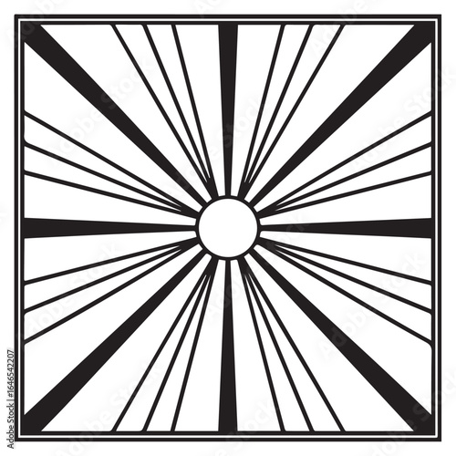 Geometric sunburst design with radiant lines and central circle within a square frame