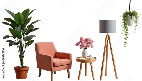 Coral armchair with potted plants and floor lamp isolated on a transparent background