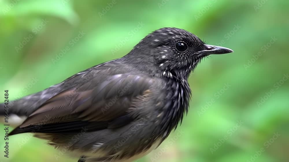 Small dark bird with speckled feathers perched in natural green habitat Small dark bird with speckled feathers perched in natural green habitat