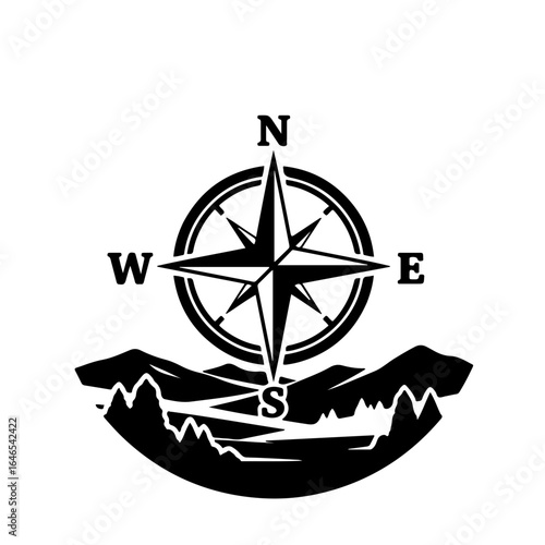 Compass on Landscape Line Art
A simple and elegant black and white icon depicting a compass placed on top of a landscape. represents a sense of direction, exploration, and finding one's way