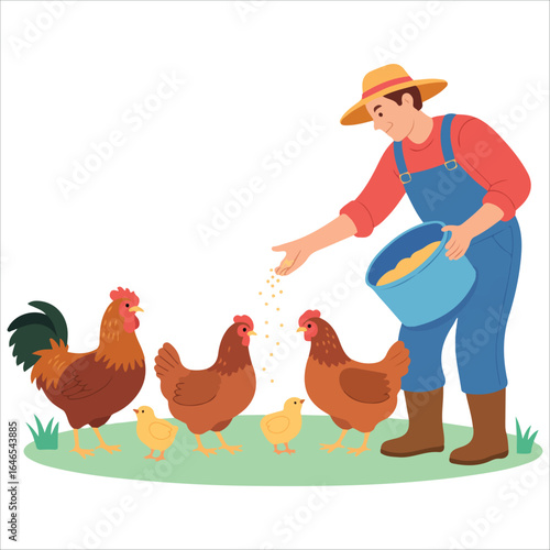 country agriculturist giving grain to poultry vector art isolated white