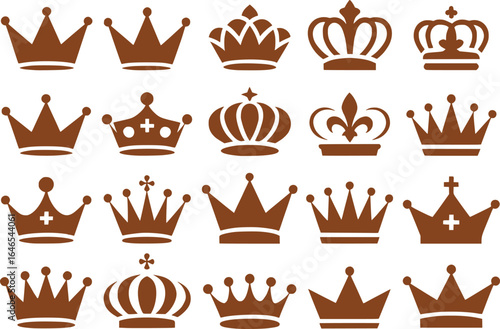 Fifteen Brown Silhouetted Crown Illustrations Showcasing Royalty Prestige And Power, with Intricate Designs Representing Historical Significance And The Majesty Of Crowns