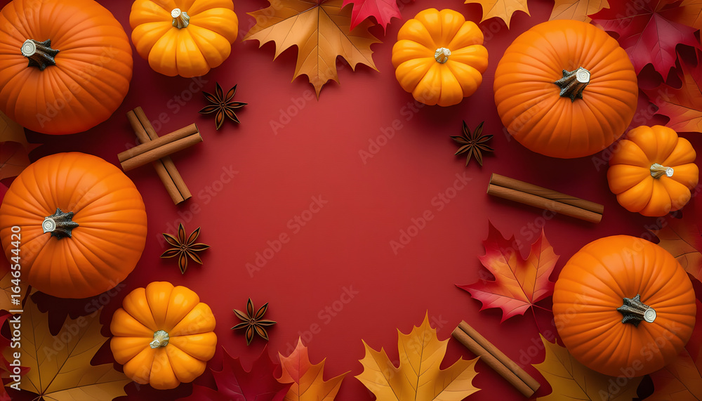 Fototapeta premium Autumnal Still Life Composition of Pumpkins, Maple Leaves and Cinnamon Sticks