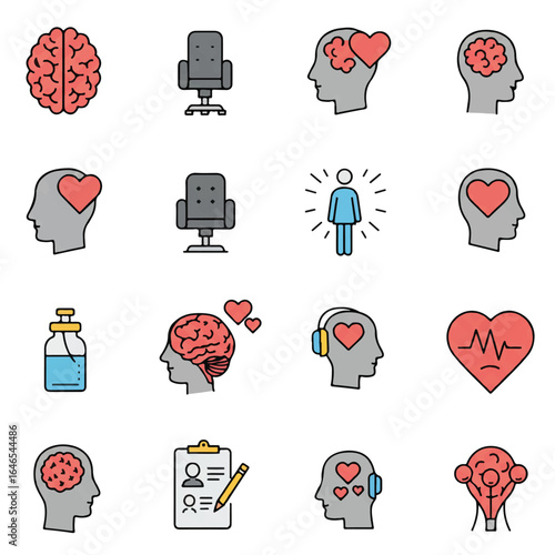 Flat 2D vector set of twelve essential mental health icons, featuring a brain, counseling chair, and heart with mind symbol, isolated on a clean white background.