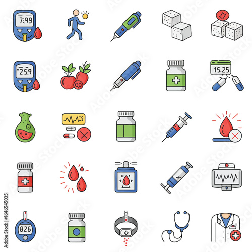 A comprehensive set of 18 flat 2D vector icons representing essential diabetes care, including glucometer, insulin pen, and sugar cube illustrations on white.