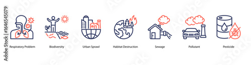 Respiratory Health Risk web banner icon vector illustration featuring Respiratory Problem, Biodiversity, Urban Sprawl, Habitat Destruction, Sewage, Pollutant, and Pesticide.