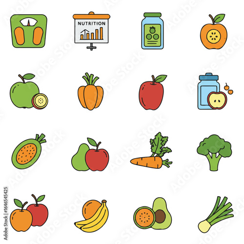 A modern collection of 14 flat 2D vector icons for dietitians and healthy eating, featuring weighing scales, nutrition charts, fruits, and vibrant vegetables, isolated on white.