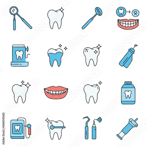 Flat 2D vector set of 15 dentistry care icons, featuring dental mirror, tooth extraction tool, and whitening tray, isolated on a clean white background.
