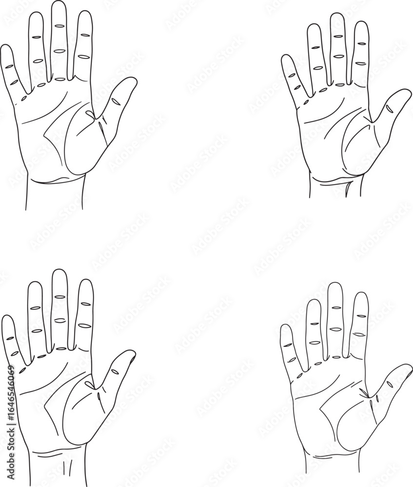 Fototapeta premium Hand Drawn Illustration of Four Open Hands in Different Positions on White