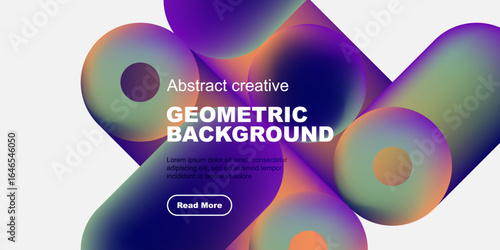 Vibrant abstract shapes overlap black background. Text promotes geometric design, includes read more button. Modern, colorful composition.