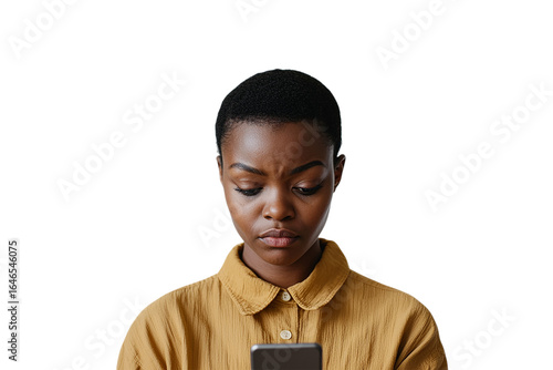 Isolated young black woman looks at phone. PNG with transparent background. Great for UI design, social media, or marketing.