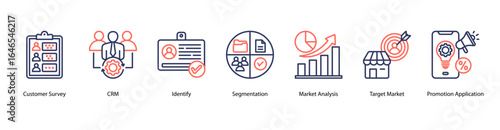 CRM and Market Analytics web banner icon vector illustration featuring Customer Survey, CRM, Identify, Segmentation, Market Analysis, Target Market, and Promotion Application.