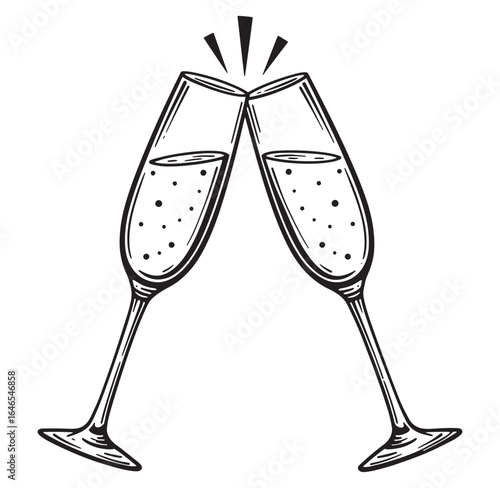 Cheers to celebration illustration featuring two champagne glasses clinking together in a vintage style