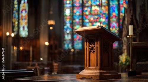 Wooden lectern at altar of a dimly lit church with stained glass windows