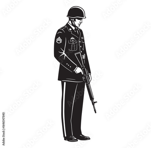 Illustration of a standing soldier in uniform holding a rifle in a classic vector style