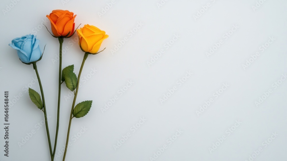Obraz premium Three Colorful Roses on White Background