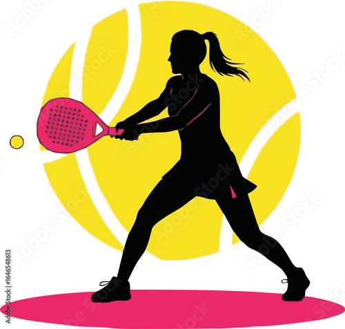 Silhouette of a female padel player in action, striking a ball with a racquet, against a yellow tennis ball background.