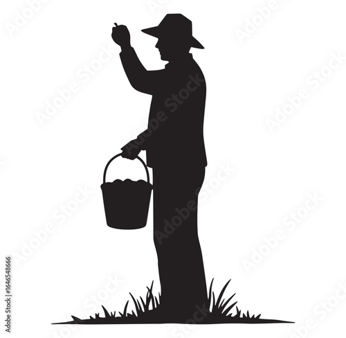 Silhouette of a farmer picking fruit in a field with bucket harvest illustration