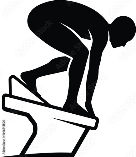 Silhouette of a swimmer diving from a starting block, showcasing athleticism, competition, and power of aquatic sports